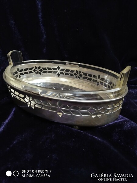 Antique silver (800 diana) art nouveau, oval glass inlay small dish.