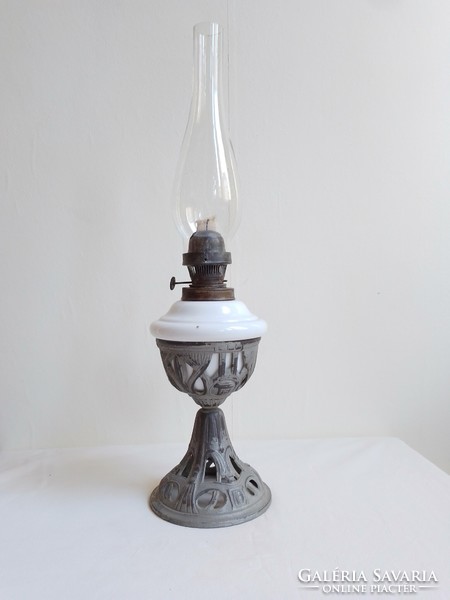 Antique Old Table Kerosene Lamp Round Openwork Art Nouveau Cast Iron Base White Milk Glass Tank 50c