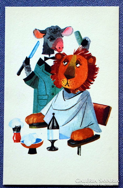 Retro üdvözlő  képeslap  Tomaska Irén grafika - oroszlán fodrásznál