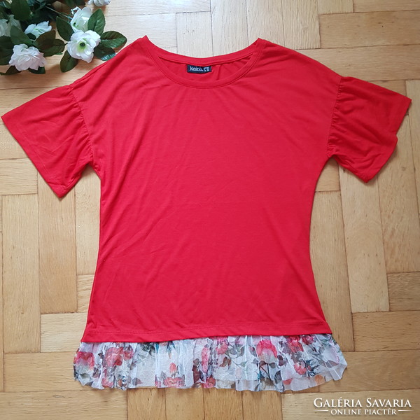 New Size 34/s Red Flower Print Tulle Ruched Short Sleeve T-Shirt Top