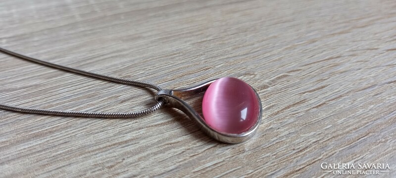 Pink cat's eye stone pendant and chain