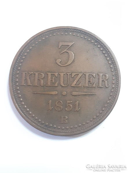 Nice condition!!! József Ferenc of Austria 3 krajcár kreuzer 1851 b bronze coin