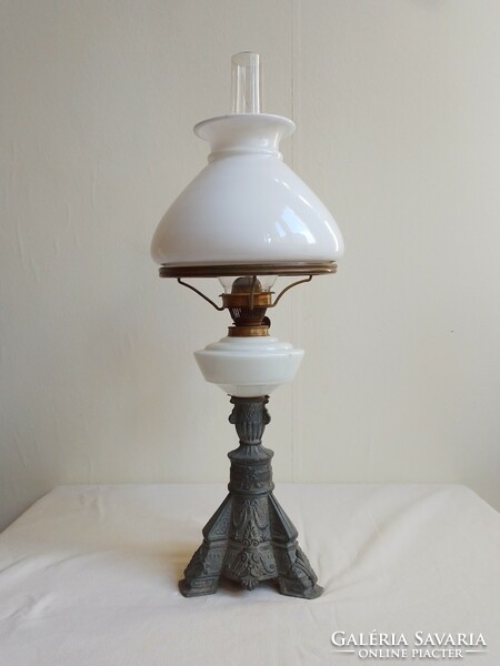 Antique old table kerosene lamp cast iron base milk glass container marked cylinder porcelain shade 48c
