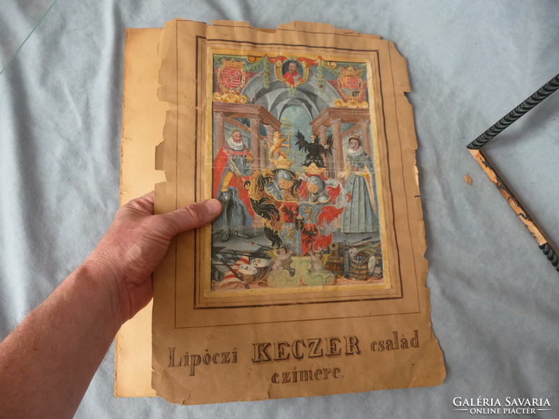 Antique Hungarian noble coat of arms tempera drawing Keczer family coat of arms ii. Ferdinand donation cover letter