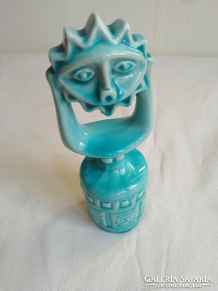 Old faience blue turquoise underglaze Zsolnay ceramics, Palatine Judit Hajnalka, abstract sculpture sun figure