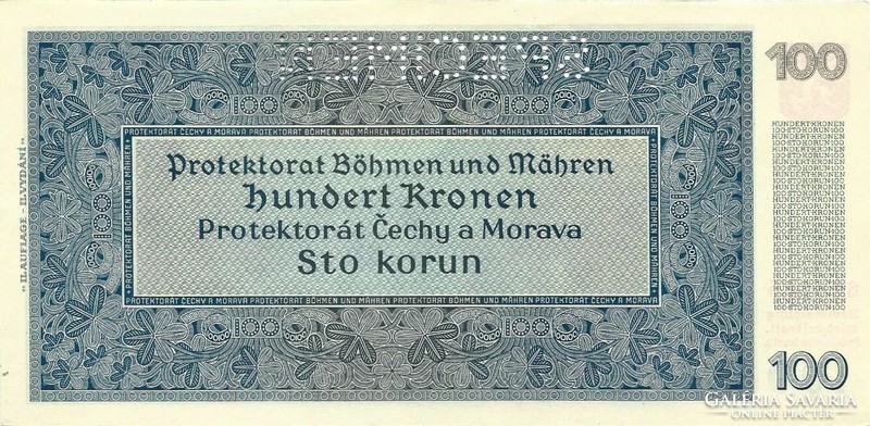 100 Korun crown kronen 1940 unc ii. Edition Czech Moravian Protectorate 1. Specimen