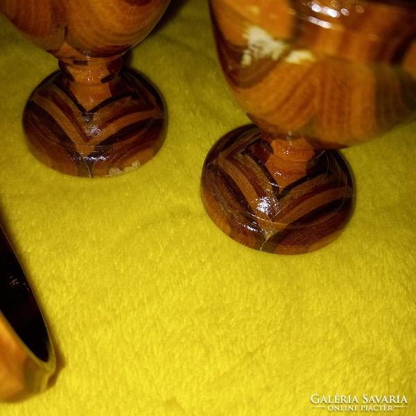 6 wooden, inlaid, soft-boiled egg holders with feet, small cups for offering eggs.