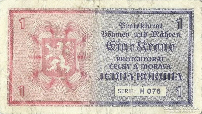 1 korun korona koruna krone 1940 Cseh Morva Protektorátus 2.