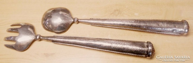 Pair of antique Etruscan patterned spoon and fork, handmade. A unique rarity