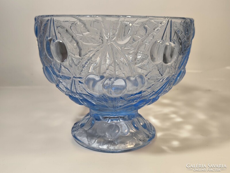 Barolac blue glass serving bowl with cherry pattern, centerpiece