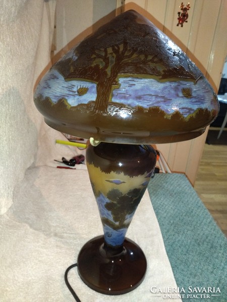 Rare, beautiful, colorful patterned Galle lamp with lower and upper sky, 55cm high