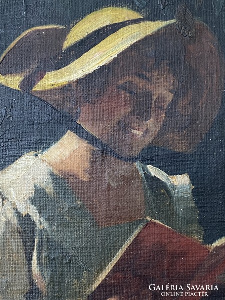 Reading lady in hat impressionist oil painting