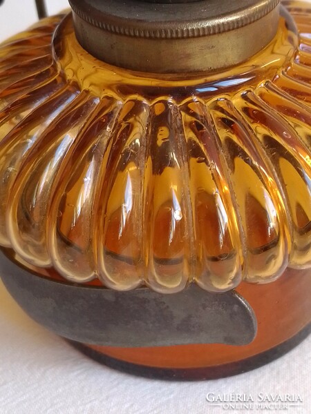Antique old kitchen wall/table kerosene lamp amber glass body spotlight marked cylinder