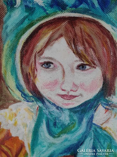 Gubán Irén szignóval - Kalapos kislány festmény
