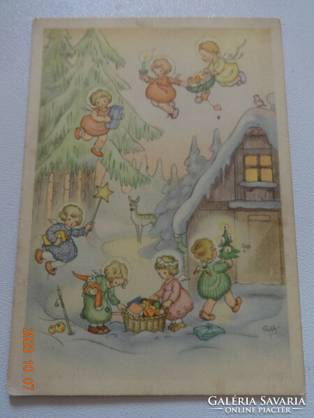 Old graphic Christmas greeting card - postage stamp - drawing by Charlotte Baron