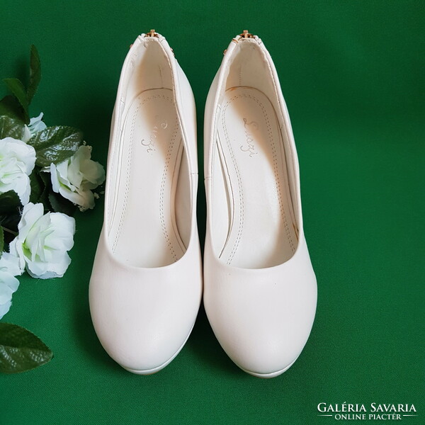 New 37 Platform Studded White Bridal Casual High Heels Leather Shoes With Zipper Decoration