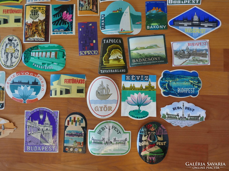 55 retro stickers with Hungarian cityscapes.