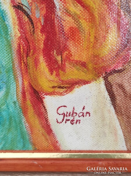 Gubán Irén szignóval - Kalapos kislány festmény