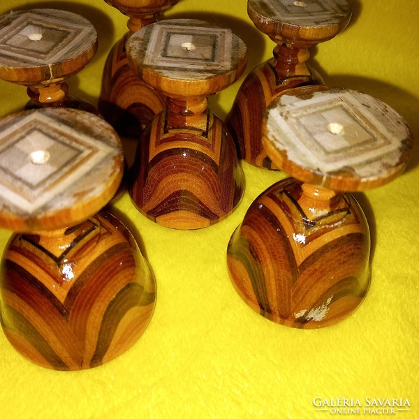 6 wooden, inlaid, soft-boiled egg holders with feet, small cups for offering eggs.