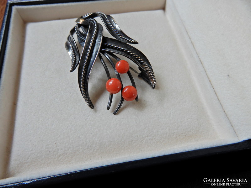 Antique handmade silver brooch with noble corals