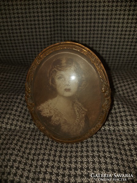 Miniature, antique copper picture frame with thick, polished glass