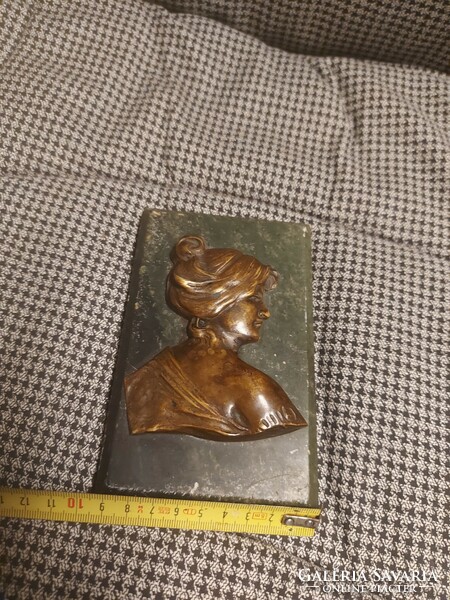 Art Nouveau, antique female bust relief, bronze, green stone base