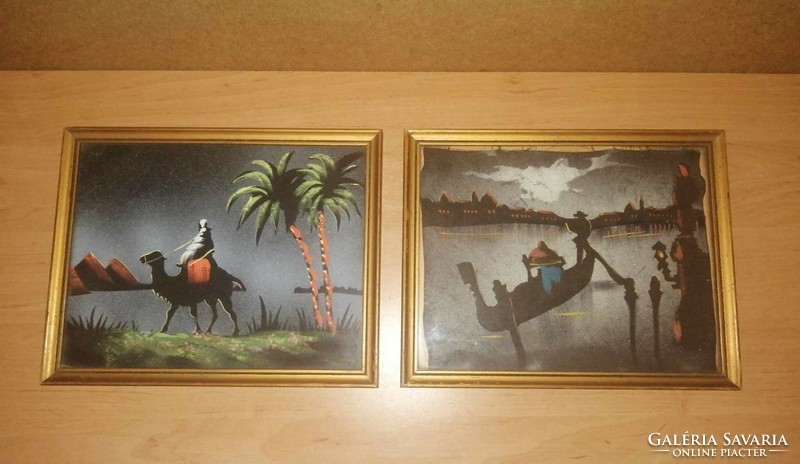 2 Glazed picture frames with antique silk pictures, Egypt, Venice - 22.5*28.5 cm