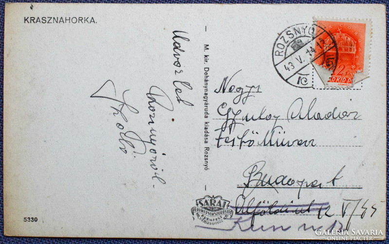Krasznahorka (uplands) photo postcard 1943 m. Out. Tobacco goods edition, rye