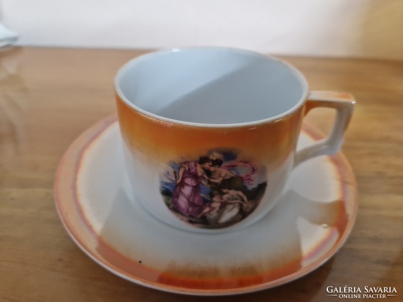 Zsolnay pajzspecsétes mitológiai jelenetes lüszter mázas teás csésze kistányérral hibátlan állapot