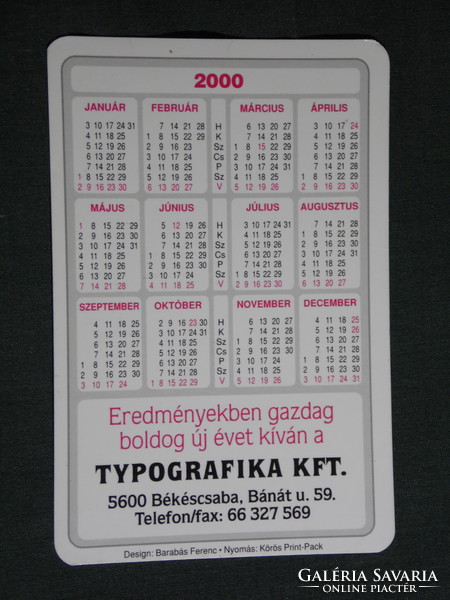 Kártyanaptár, Typo Grafika reklám stúdió nyomdai szolgáltatás, Békéscsaba, 2000, (6)