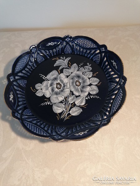 Blue openwork, laced edge, hand painted serving bowl, marked.