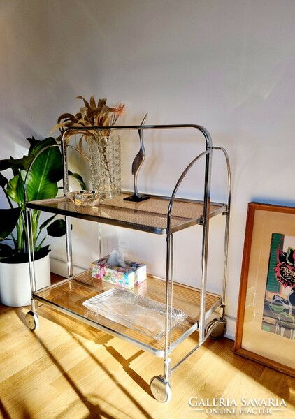 Vintage folding trolley with striped shelf