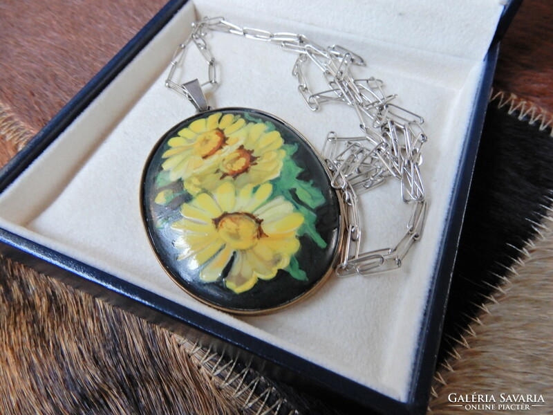 Old large hand-painted pendant on a silver chain