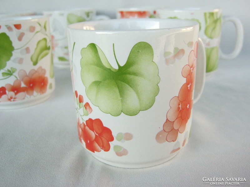 Set of 6 granite ceramic mugs with geranium pattern