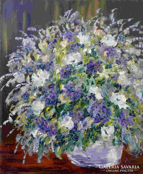 Modern kortárs festmény. Tavaszi virágok. Gustav Seitz Német festő alkotása