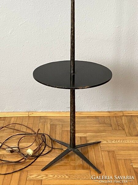 Wrought iron floor lamp with round shelf holder with yellow textile shade 149 cm