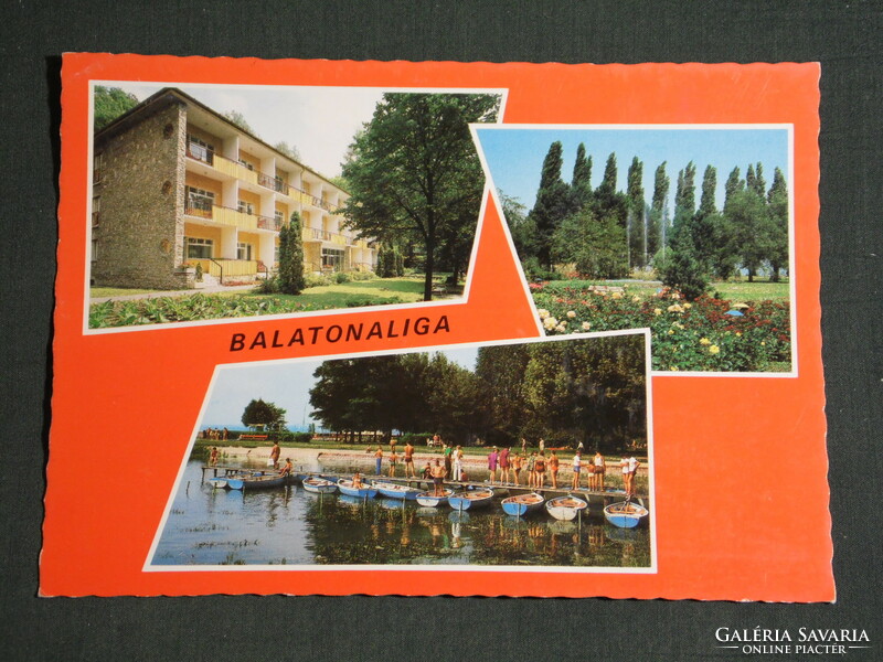Képeslap, Balatonaliga, mozaik részletek,üdülő,park, csónakkölcsönző