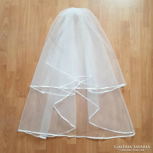 FTY70 - 2 rétegű, szatén szélű Ekrü MINI menyasszonyi fátyol 30/50x100cm