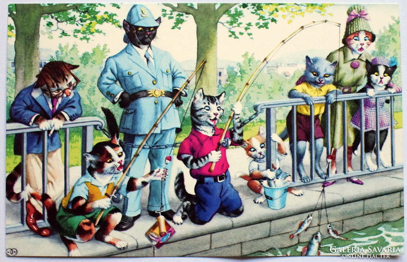 Humorous cat postcard - forbidden fishing cats / new edition