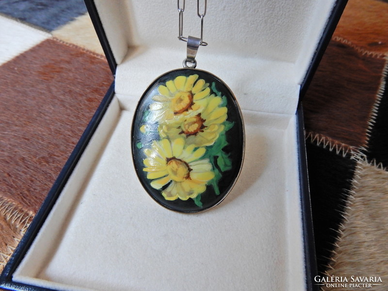 Old large hand-painted pendant on a silver chain