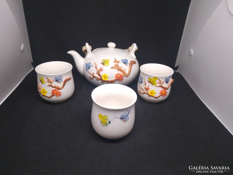 6 Personal Chinese porcelain tea set - hand painted with embossed pattern