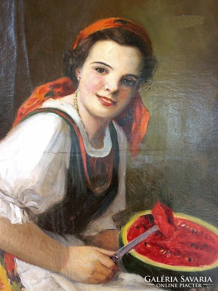Antique oil on canvas painting. Richard Geiger: melon tasting girl