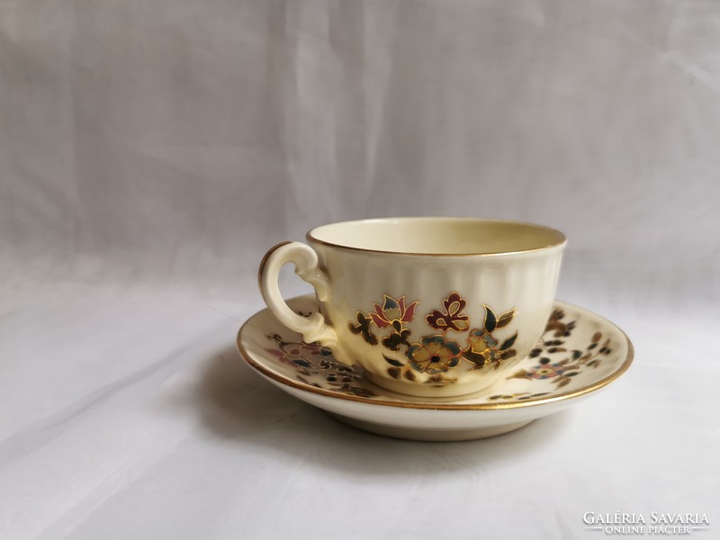 Antique Zsolnay gold contour teacup with flowers