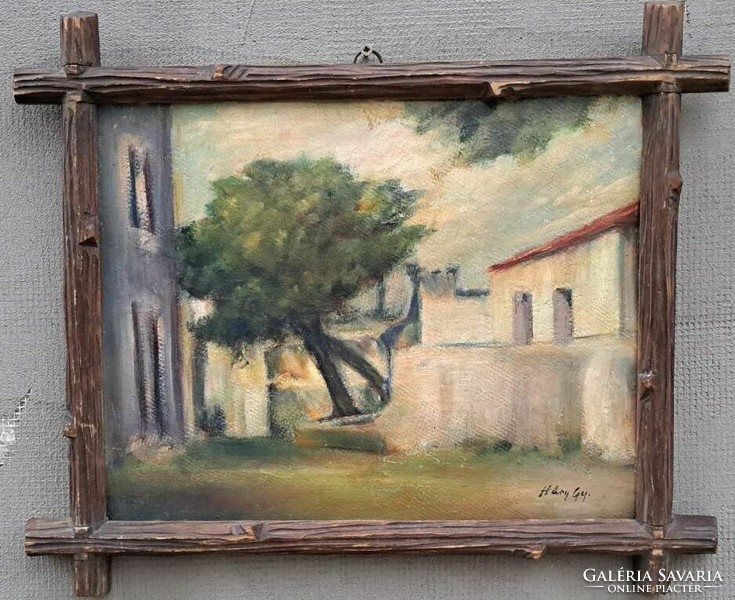 Gyula Háry: villa yard. Oil. Cardboard.