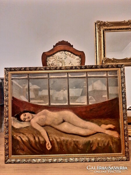 Female nude painting, large oil on canvas, signed, mid-1900s