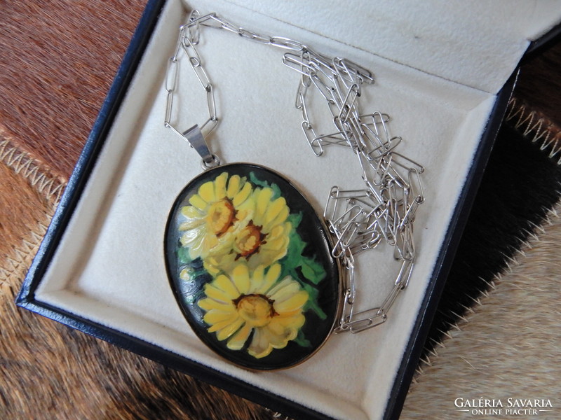 Old large hand-painted pendant on a silver chain