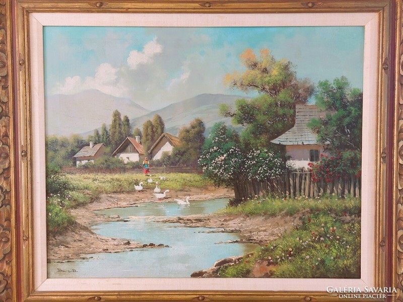 (K) Barsi Béla gyönyörű falusi életkép festménye  82x98 cm kerettel