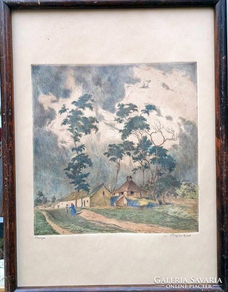 Rarity Bavarian Ágoston - Bayer Ágoston - farmhouse - colored etching 1929