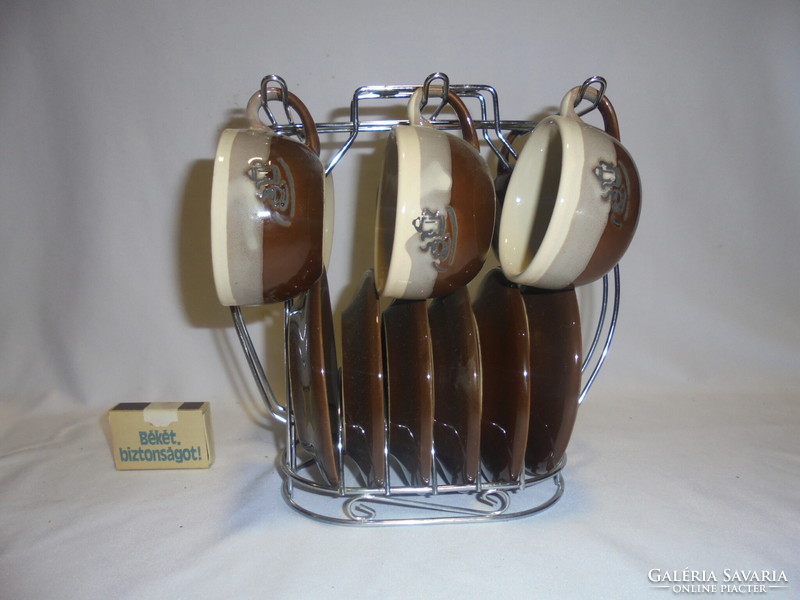 Six-person ceramic coffee set in a metal holder
