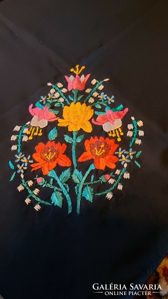 Antique folk embroidered shawl shoulder scarf Kalocsa floral pattern 98 cm